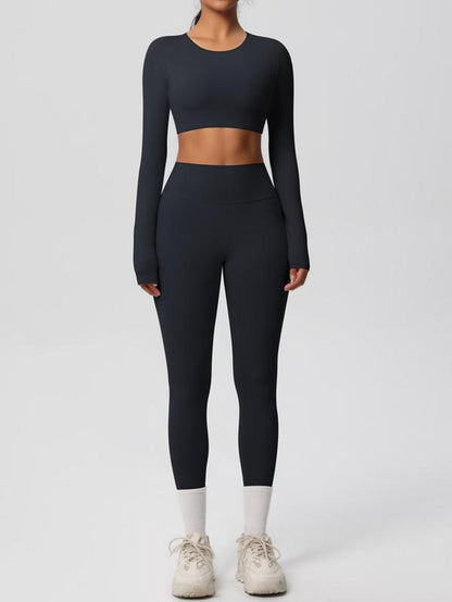 Women'S Solid Long Sleeve Crop Top & Leggings Tracksuit Set, Casual Comfy Breathable Athletic Outfits for Yoga Gym Workout Running, Ladies Sportswear for All Seasons, Clothing