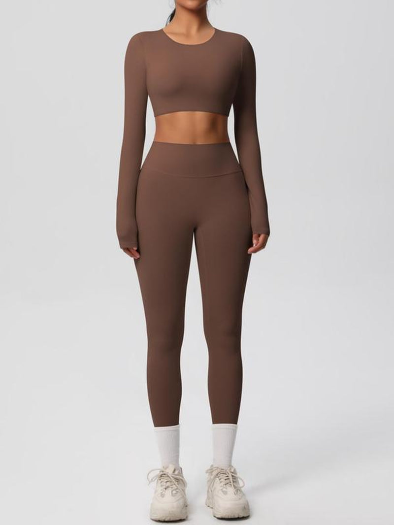 Women'S Solid Long Sleeve Crop Top & Leggings Tracksuit Set, Casual Comfy Breathable Athletic Outfits for Yoga Gym Workout Running, Ladies Sportswear for All Seasons, Clothing