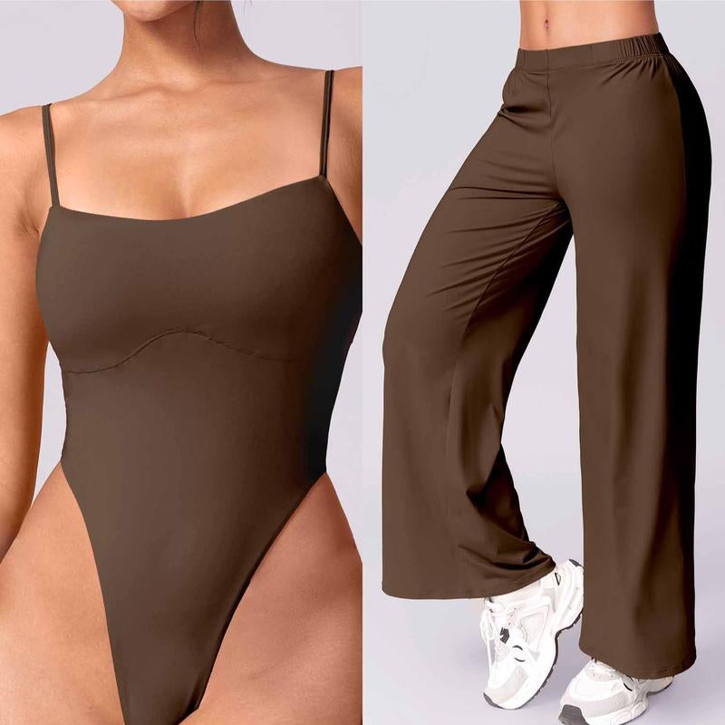 Women Solid Backless Tracksuit Set High Waist Triangular Jumpsuit Slim Straight Versatile Jogging Slacksoutfits for Yoga Gym Workout