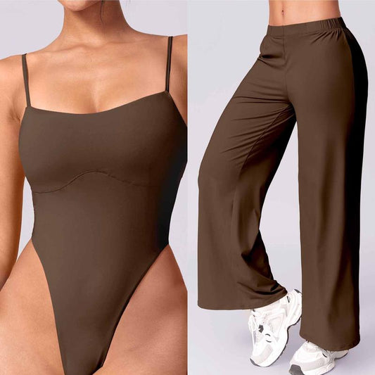 Women Solid Backless Tracksuit Set High Waist Triangular Jumpsuit Slim Straight Versatile Jogging Slacksoutfits for Yoga Gym Workout