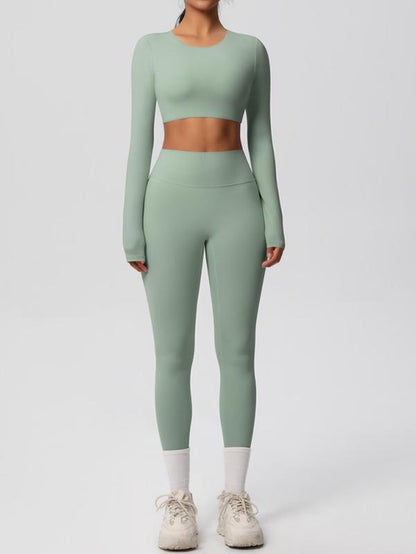 Women'S Solid Long Sleeve Crop Top & Leggings Tracksuit Set, Casual Comfy Breathable Athletic Outfits for Yoga Gym Workout Running, Ladies Sportswear for All Seasons, Clothing