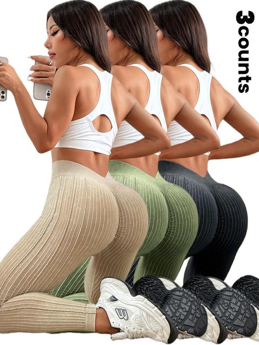 Sporty Women'S Solid Color Jacquard Ruched V-Waist Sports Leggings, Casual Comfy Breathable High Waist Skinny Pants for Yoga Gym Workout Running, Ladies Sportswear for All Seasons, Gym Clothing, Legging Fitness, Scrunch Leggings, Sports Bottoms