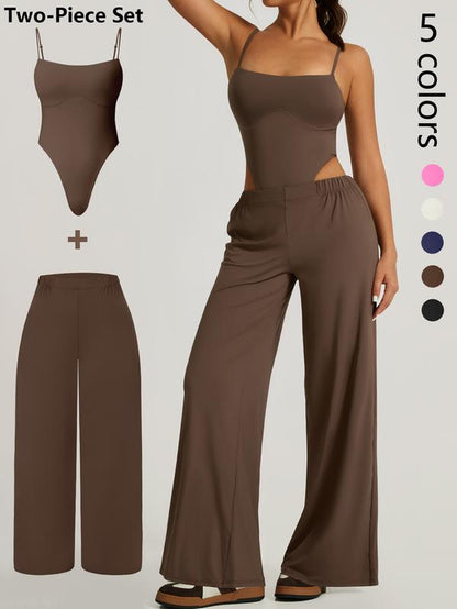 Women Solid Backless Tracksuit Set High Waist Triangular Jumpsuit Slim Straight Versatile Jogging Slacksoutfits for Yoga Gym Workout