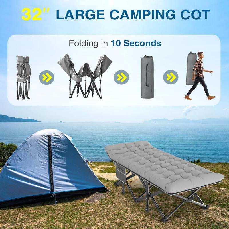 Camping Cot 32In XXL Folding Extra Large Cot Heavy Duty Sleeping Bed，1200D Double Layer Oxford Cots for Camping W/Pilllow Mattress Carry Bag 500LBS
