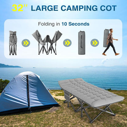 Camping Cot 32In XXL Folding Extra Large Cot Heavy Duty Sleeping Bed，1200D Double Layer Oxford Cots for Camping W/Pilllow Mattress Carry Bag 500LBS