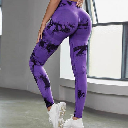 2024 New High-Quality High-Elastic Tie-Dye Sports Fitness Trousers Women'S Jacquard Yoga Trousers High-Waisted Peach Buttocks Trousers Seamless Outerwear