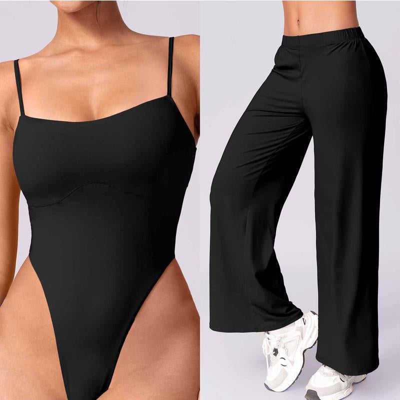 Women Solid Backless Tracksuit Set High Waist Triangular Jumpsuit Slim Straight Versatile Jogging Slacksoutfits for Yoga Gym Workout