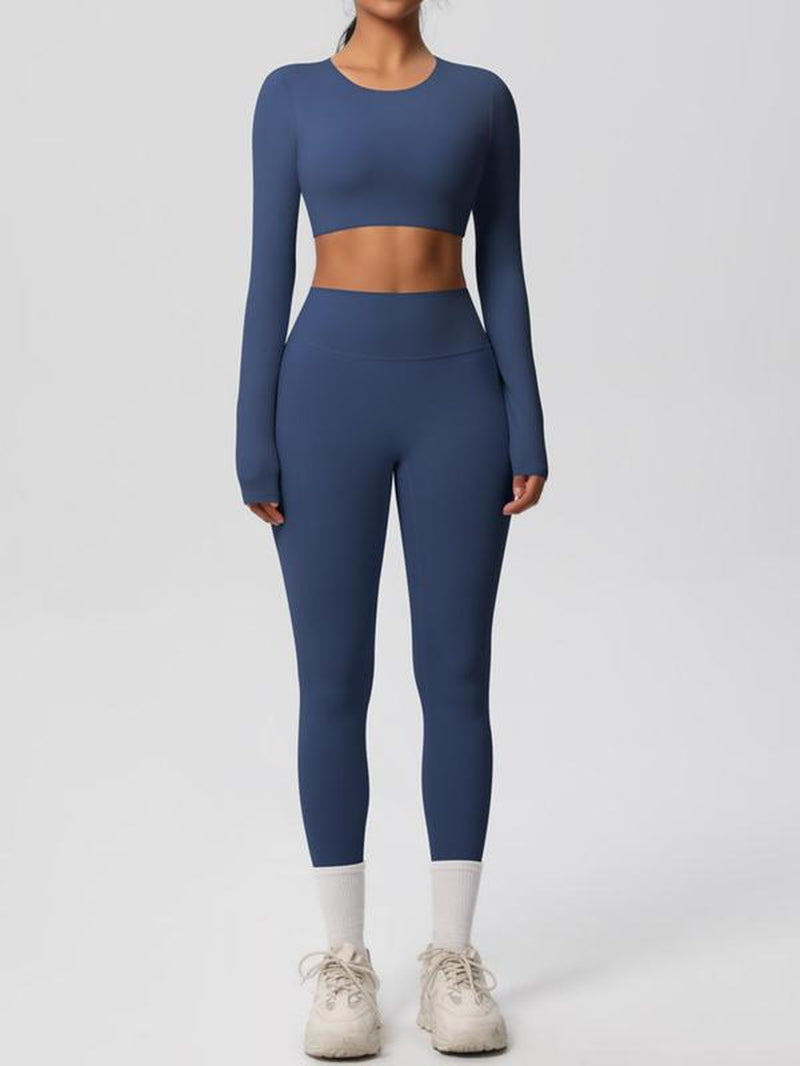 Women'S Solid Long Sleeve Crop Top & Leggings Tracksuit Set, Casual Comfy Breathable Athletic Outfits for Yoga Gym Workout Running, Ladies Sportswear for All Seasons, Clothing