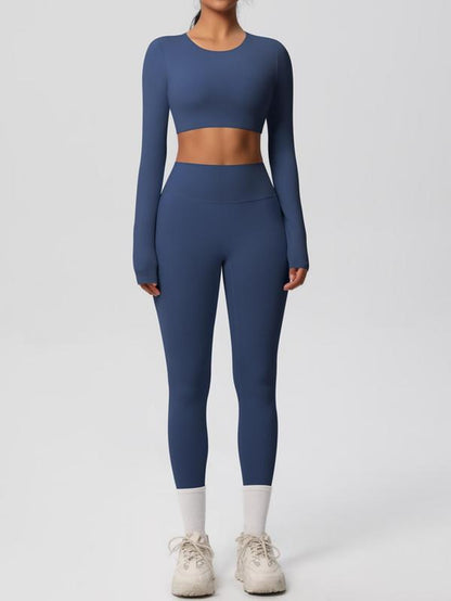 Women'S Solid Long Sleeve Crop Top & Leggings Tracksuit Set, Casual Comfy Breathable Athletic Outfits for Yoga Gym Workout Running, Ladies Sportswear for All Seasons, Clothing