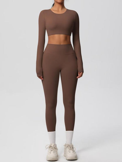 Women'S Solid Long Sleeve Crop Top & Leggings Tracksuit Set, Casual Comfy Breathable Athletic Outfits for Yoga Gym Workout Running, Ladies Sportswear for All Seasons, Clothing