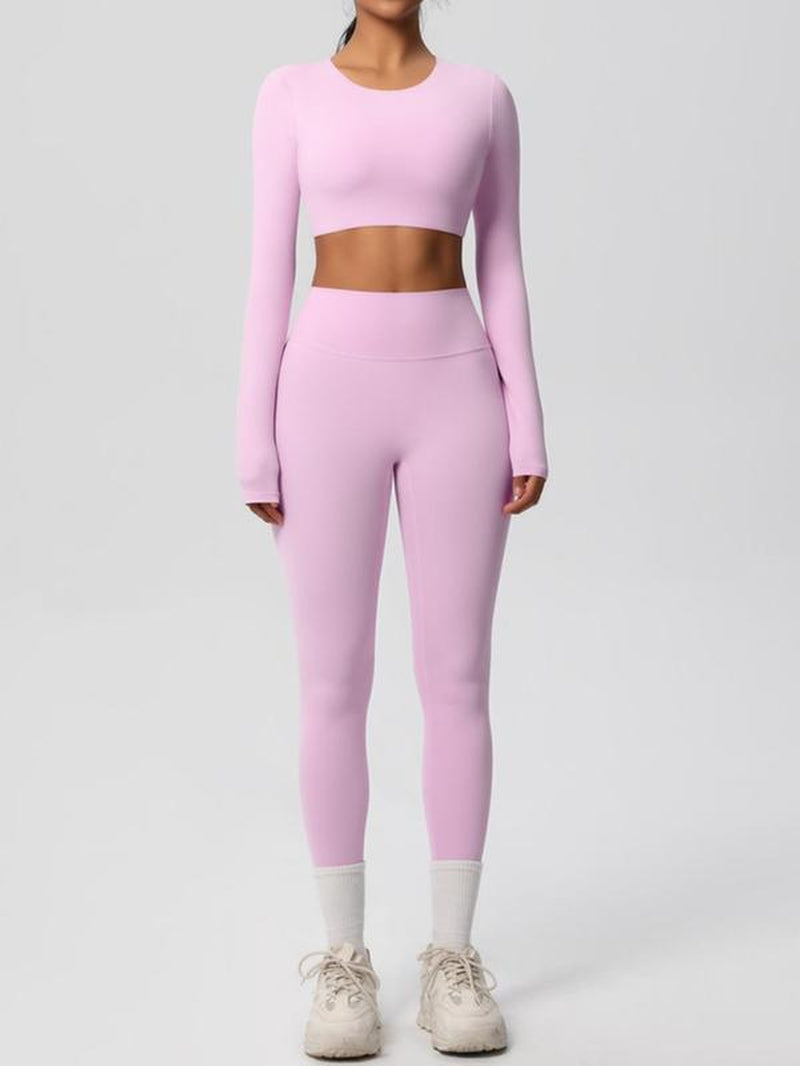 Women'S Solid Long Sleeve Crop Top & Leggings Tracksuit Set, Casual Comfy Breathable Athletic Outfits for Yoga Gym Workout Running, Ladies Sportswear for All Seasons, Clothing