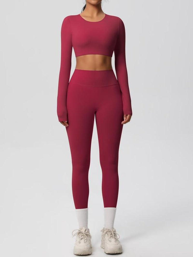 Women'S Solid Long Sleeve Crop Top & Leggings Tracksuit Set, Casual Comfy Breathable Athletic Outfits for Yoga Gym Workout Running, Ladies Sportswear for All Seasons, Clothing
