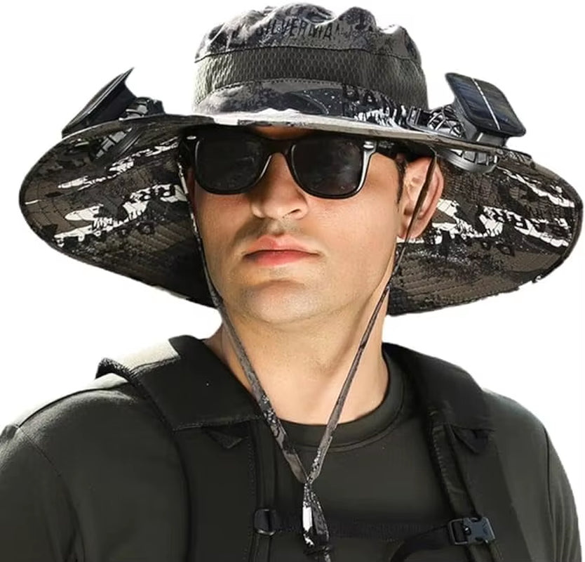 Wide Brim Solar Fan Outdoor Fishing Hat,Men Sun Hat with Solar Fan Fishing Hats,Solar Fan Hat Upf50+ Fan Hat
