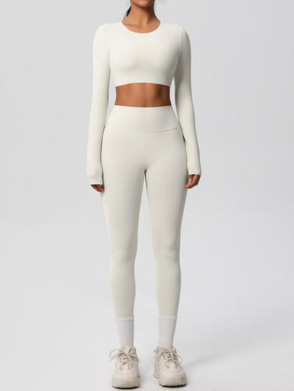 Women'S Solid Long Sleeve Crop Top & Leggings Tracksuit Set, Casual Comfy Breathable Athletic Outfits for Yoga Gym Workout Running, Ladies Sportswear for All Seasons, Clothing