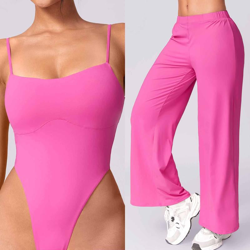 Women Solid Backless Tracksuit Set High Waist Triangular Jumpsuit Slim Straight Versatile Jogging Slacksoutfits for Yoga Gym Workout