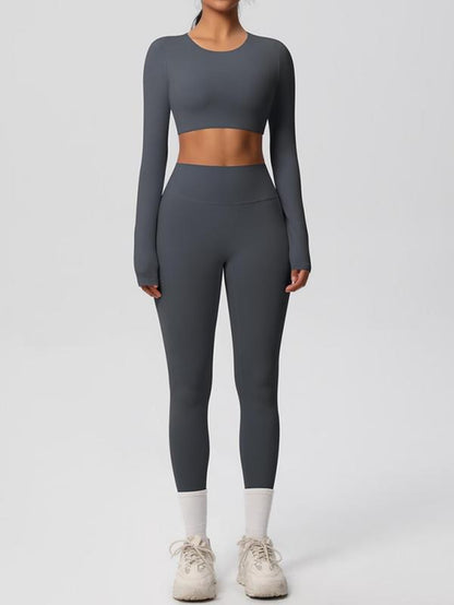 Women'S Solid Long Sleeve Crop Top & Leggings Tracksuit Set, Casual Comfy Breathable Athletic Outfits for Yoga Gym Workout Running, Ladies Sportswear for All Seasons, Clothing