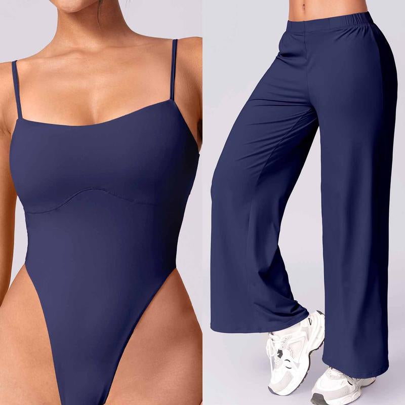 Women Solid Backless Tracksuit Set High Waist Triangular Jumpsuit Slim Straight Versatile Jogging Slacksoutfits for Yoga Gym Workout