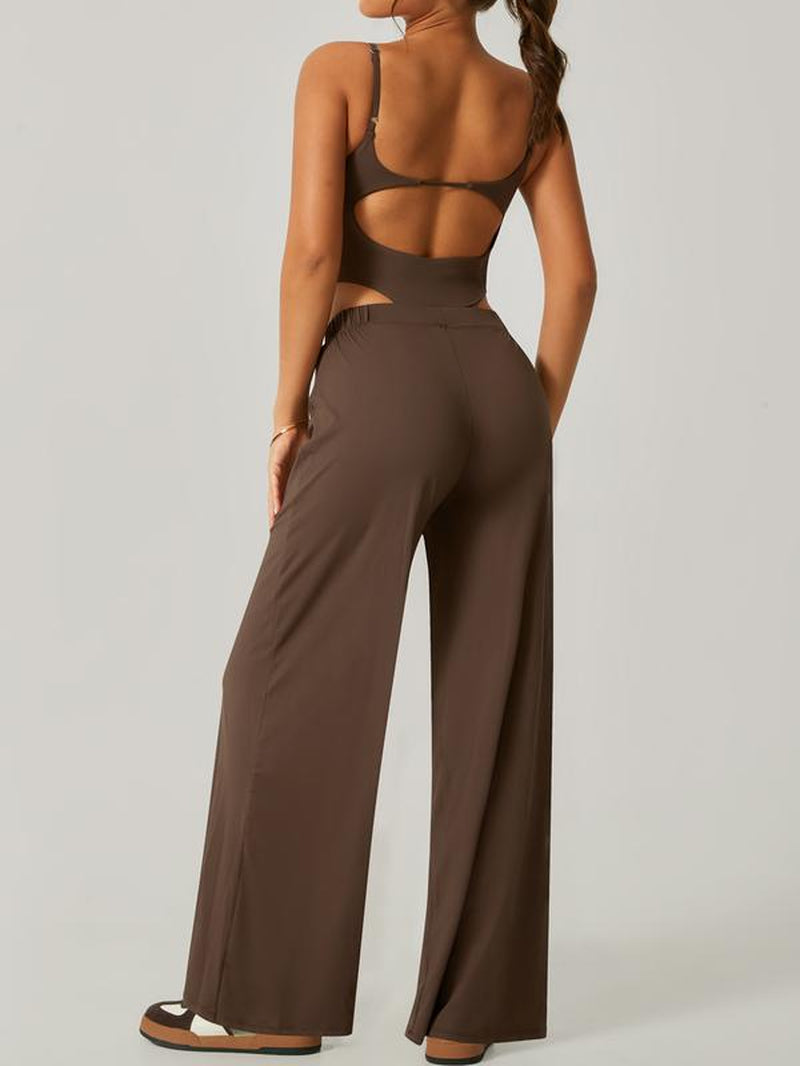 Women Solid Backless Tracksuit Set High Waist Triangular Jumpsuit Slim Straight Versatile Jogging Slacksoutfits for Yoga Gym Workout