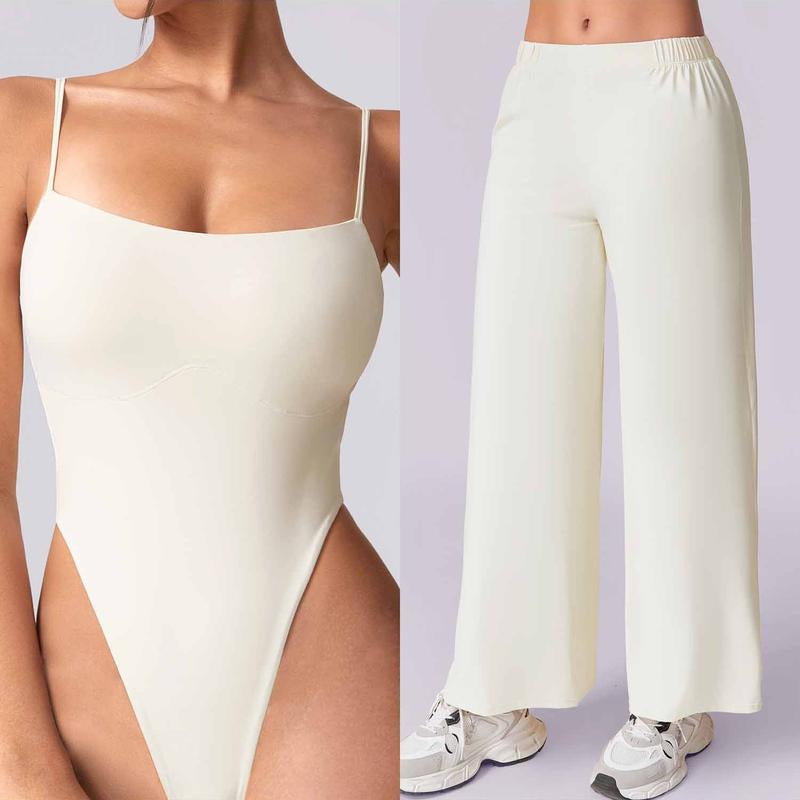 Women Solid Backless Tracksuit Set High Waist Triangular Jumpsuit Slim Straight Versatile Jogging Slacksoutfits for Yoga Gym Workout